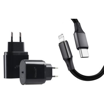 usb c oplader - usb c adapter - oplader usb c 25W - usb c adapter met Lightning naar USB-C kabel Ntech (1 meter Zwart) Geschikt voor iPhone 12 / 11 / Geschikt voor iPhone 11 Pro / 12 Pro / Geschikt voor iPhone 12 / 11 Pro Max / Geschikt voor iPhone 12 M
