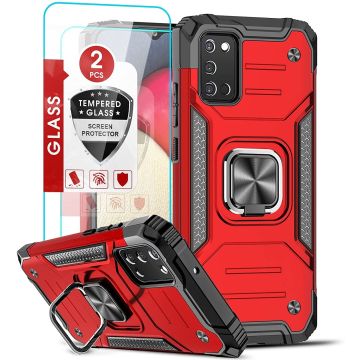 Samsung A03s Hoesje Heavy Duty Armor Hoesje Rood - Galaxy A03S Case Kickstand Ring cover met Magnetisch Auto Mount- Samsung A03S screenprotector 2 pack