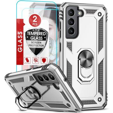Samsung S21 FE Hoesje armor Met ring houder Zilver - Samsung Galaxy S21 FE hoes met Kickstand TPU backcover hoesje - Galaxy s21 FE screenprotector 2 pack
