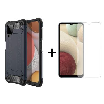 Ntech Hoesje Geschikt Voor Samsung Galaxy A12 hoesje – Met Screenprotector Rugged Armor Hoesje - Shockproof case - Zwart