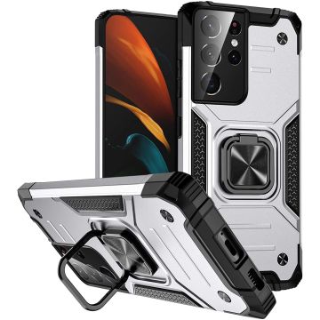 Samsung S21 Ultra Hoesje - Heavy Duty Armor hoesje Zilver - Galaxy S21 Ultra silicone TPU hybride hoesje Kickstand ringhouder met Magnetisch Auto Mount