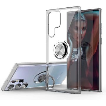 Samsung S22 Ultra hoesje Luxe TPU Backcover transparant - Samsung Galaxy S22 Ultra hoesje met Ring houder / Ring vinger houder / standaard