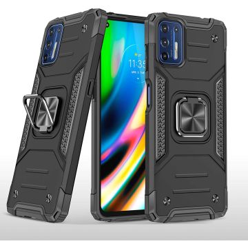Motorola G9 Plus Hoesje Heavy Duty Armor Hoesje Zwart - Motorola G9 Plus Case Kickstand Ring cover met Magnetisch Auto Mount