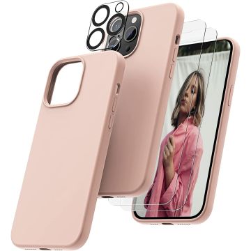 Hoesje Geschikt voor iPhone 14 Pro – Liquid siliconen backcover met 2x glazen screenprotector en camera lens protector – Pink Sand