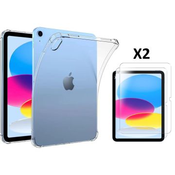 Hoes geschikt voor iPad 2022 hoes (10e generatie - 10.9 inch) siliconen transparant cover Anti-Shock + ipad 2022 screenprotector Premium glass 2 stuks