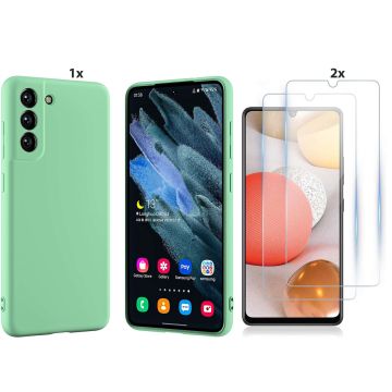 Samsung Galaxy S21 FE Hoesje Soft Nano Silicone Backcover Gel Turqoise Met 2x Glazen Screenprotector