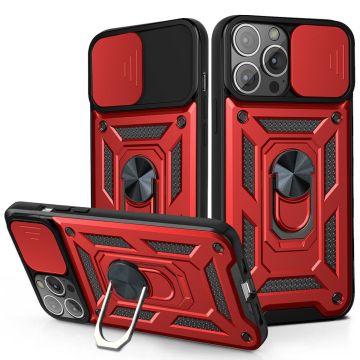 Hoesje Geschikt voor iPhone 13 Pro Max Hoesje met Camera Bescherming Rood – met ring houder Rugged Armor Back Cover - Case - Camera Schuif