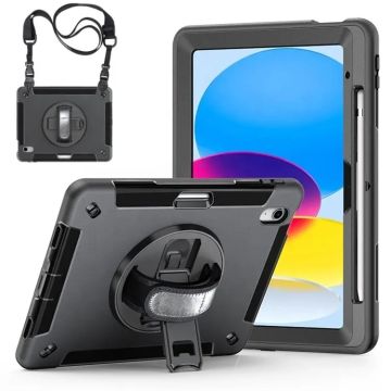 Hoes geschikt voor iPad 2022 (10e generatie, 10.9 inch) Extreme Armor met screenprotector, Schouderiem, Handriem en Pencilhouder (10e generatie, 10.9 inch) hoes  - voor Horeca en Bouw - Zwart