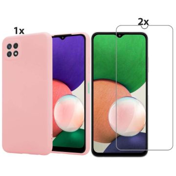 Samsung Galaxy A22 5G Hoesje Soft Nano Silicone Backcover Gel Roze Met 2x Glazen Screenprotector