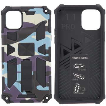 Hoesje Geschikt voor iPhone 11 Pro Hoesje - Rugged Extreme Backcover Camouflage met Kickstand - Paars
