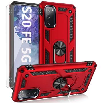 Samsung S20 FE 2022 Hoesje Armor case Ring houder / vinger houder TPU backcover - Rood met 2 pack screenprotector