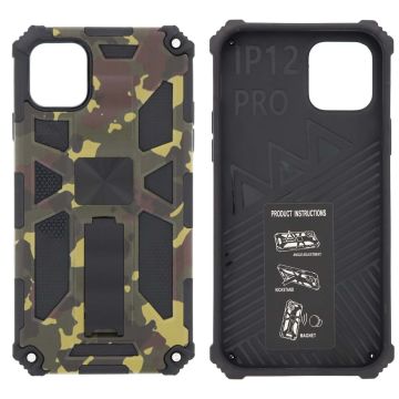 Hoesje Geschikt voor iPhone 12 (Pro) Hoesje - Rugged Extreme Backcover Army Camouflage met Kickstand - Groen