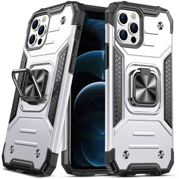 Hoesje Geschikt voor iPhone 12 - Heavy Duty Armor hoesje Met Kickstand ringhouder – Zilver
