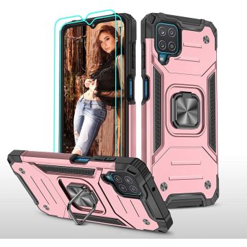 Samsung A22 Hoesje Heavy Duty Armor Hoesje Rose Goud - Galaxy A22 4G Case Kickstand Ring cover met Magnetisch Auto Mount- Samsung A22 4G screenprotector 2 pack