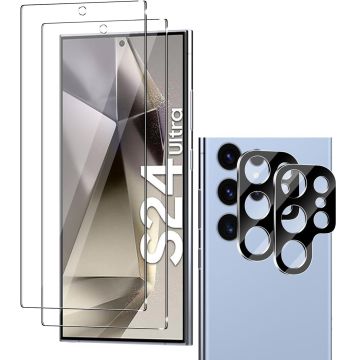 Screenprotector Geschikt voor Samsung S24 Ultra  Screen Protector en Camera lens protector / Tempered glass Screen protector voor Samsung S24 Ultra - Beschermglas - Glasplaatje - 2+2 stuks