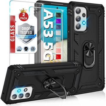 Samsung A53 Hoesje Anti-Shock Hybrid Armor hoesje Zwart - Samsung Galaxy A53 5G kickstand Ring houder TPU backcover hoesje - met screenprotector Galaxy A53 5G - 2 pack