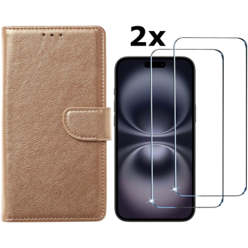 Hoesje Geschikt voor iPhone 16 Plus hoesje bookcase met 2 stuks screenprotectors – Goud