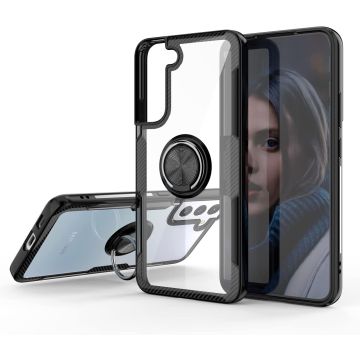 Samsung S22 Plus hoesje Luxe carbon TPU Backcover - Samsung Galaxy S22 Plus hoesje met Ring houder / Ring vinger houder / standaard - Zwart