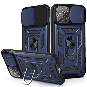 Hoesje Geschikt voor iPhone 13 Pro Max Hoesje met Camera Bescherming Blauw - Hoesje Geschikt voor iPhone 13 Pro Max met ring houder Rugged Armor Back Cover - Case - Camera Schuif
