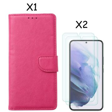 Samsung S22 hoesje Pink Samsung Galaxy S22 5G hoesje bookcase portemonnee cover - Samsung hoesje S22 - Samsung S22 screenprotector / 2X Beschermglas