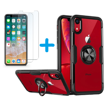 Hoesje Geschikt voor iPhone Xr hoesje Luxe carbon TPU Backcover Met Metalen Ring Houder - Zwart met 2 pack screenprotector