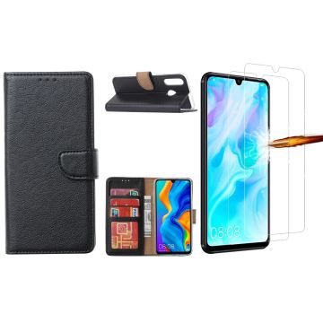 Huawei P30 Lite New Edition Hoesje / P30 Lite portemonnee hoesje Zwart / book case met 2 pack screenprotector