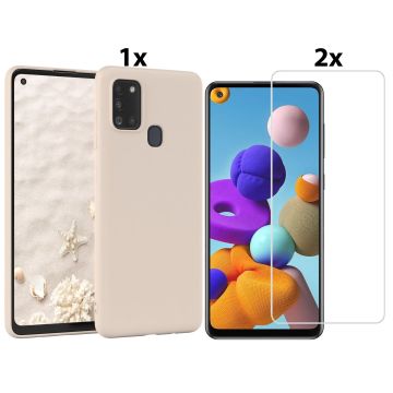Samsung Galaxy A21s Hoesje Soft Nano Silicone Backcover Gel Wit Met 2x Glazen Screenprotector