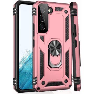 Samsung S22 Plus Hoesje Anti-Shock Hybrid Armor Rose Goud - Samsung Galaxy S22 Plus hoesje met Kickstand Ring Houder - Kunststof - Back Cover