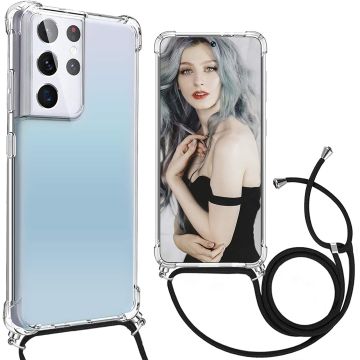 Samsung S21 Ultra Hoesje met draagkoord transparant- Samsung Galaxy S21 Ultra TPU backcover met koord - Zwart