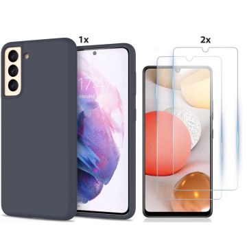 Samsung Galaxy S21 Hoesje Soft Nano Silicone Backcover Gel donkerGrijs Met 2x Glazen Screenprotector
