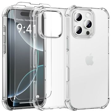 Hoesje Geschikt voor iPhone 16 Pro - transparant Anti Shock silicone hoesje met 2 Pack Screenprotectors tempered glass