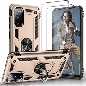 Samsung S20 FE Hoesje Armor case Ring houder / vinger houder TPU backcover - Goud met 2 pack screenprotector