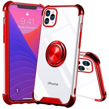 Hoesje Geschikt voor iPhone 12 Mini hoesje silicone met ringhouder Back Cover case - Transparant/Rood