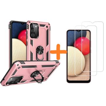 Samsung A02s Hoesje kickstand Armor met Ring houder TPU backcover hoesje - Rose Goud met Galaxy A02S screenprotector 2 pack