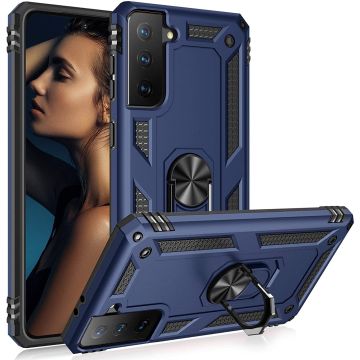 Samsung S21 Plus Hoesje - Samsung Galaxy S21 Plus armor case met Ring houder / Ring vinger houder / standaard - Blauw
