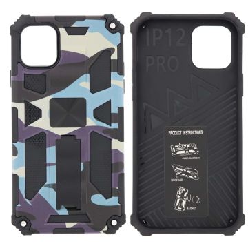 Hoesje Geschikt voor iPhone 12 (Pro) Hoesje - Rugged Extreme Backcover Camouflage met Kickstand - Paars