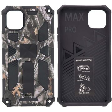 Hoesje Geschikt voor iPhone 11 Pro Max Hoesje - Rugged Extreme Backcover Takjes Camouflage met Kickstand - Grijs
