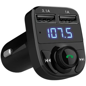 Ntech - Bluetooth FM Transmitter - Autolader - Bluetooth Carkit - Muziek Streamen - Met Volumeknop en Oplaadfunctie Voor 2 Telefoons Tegelijkertijd - Handsfree Bellen - Extra Grote Microfoon - Telefoon Opladen - Spraakbediening