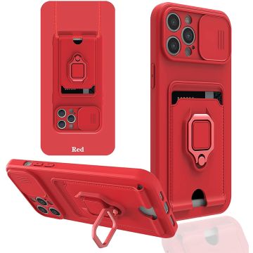 Hoesje Geschikt voor iPhone 13 hoesje met koord Rood - Hoesje Geschikt voor iPhone 13 hoesje met Camera Bescherming - Hoesje Geschikt voor iPhone 13 hoesje met pasjeshouder ring cover kickstand hoesje