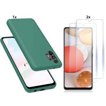 Samsung Galaxy A32 5G Hoesje Soft Nano Silicone Backcover Gel Donkergroen Met 2x Glazen Screenprotector