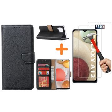 Samsung Galaxy A12 hoesje wallet case Zwart - Galaxy A12 hoesje bookcase Portemonnee- Galaxy A12 Hoesje book cover hoesjes met 2 pack Screenprotector