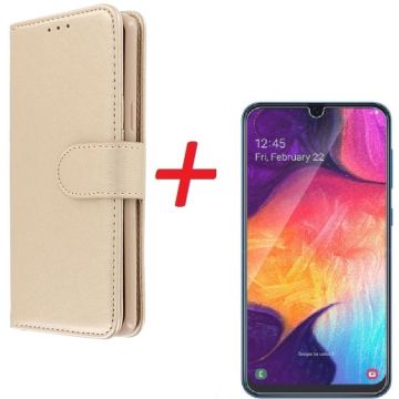 Ntech Samsung Galaxy A70/A70s Portemonnee hoesje Goud Met Glazen screenprotector