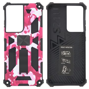 Samsung Galaxy S21 Ultra Hoesje - Rugged Extreme Backcover Camouflage met Kickstand - Pink