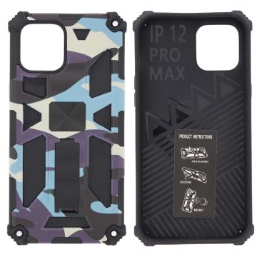 Hoesje Geschikt voor iPhone 12 Pro Max Hoesje - Rugged Extreme Backcover Camouflage met Kickstand - Paars