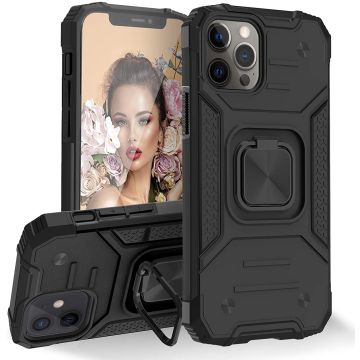 Hoesje Geschikt voor iPhone 12 Mini - Heavy Duty Armor hoesje Met Kickstand ringhouder – Zwart