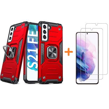 Samsung S21 FE Hoesje Heavy Duty Armor Hoesje Rood - Galaxy S21 FE Case Kickstand Ring cover met Magnetisch Auto Mount- Samsung S21 FE screenprotector 2 pack