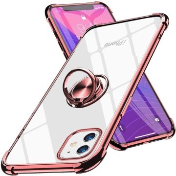 Hoesje Geschikt voor iPhone 12 Mini hoesje silicone met ringhouder Back Cover case – Transparant/Rosegoud
