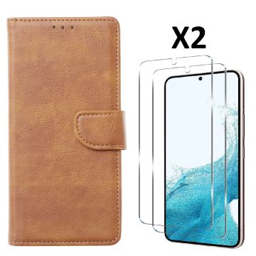 Hoesje Geschikt Voor Samsung Galaxy S23 Plus Hoesje met Pasjeshouder - bookcase – Met 2x Screenprotector / gehard glas – Bruin