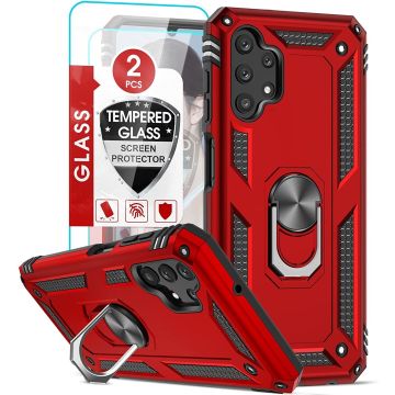 Samsung A13 4G Hoesje Hybrid Armor case Rood - Samsung Galaxy A13 4G hoesje kickstand Ring houder TPU backcover Anti-Shock hoesje - met screenprotector Galaxy A13 4G - 2 pack