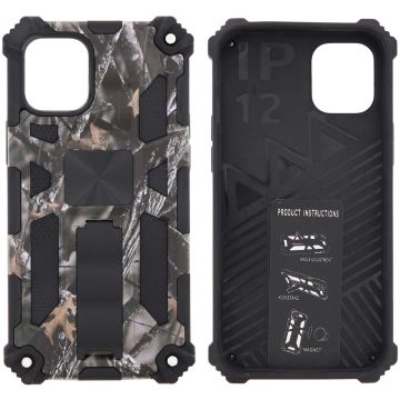 Hoesje Geschikt voor iPhone 12 Mini Hoesje - Rugged Extreme Backcover Takjes Camouflage met Kickstand - Grijs